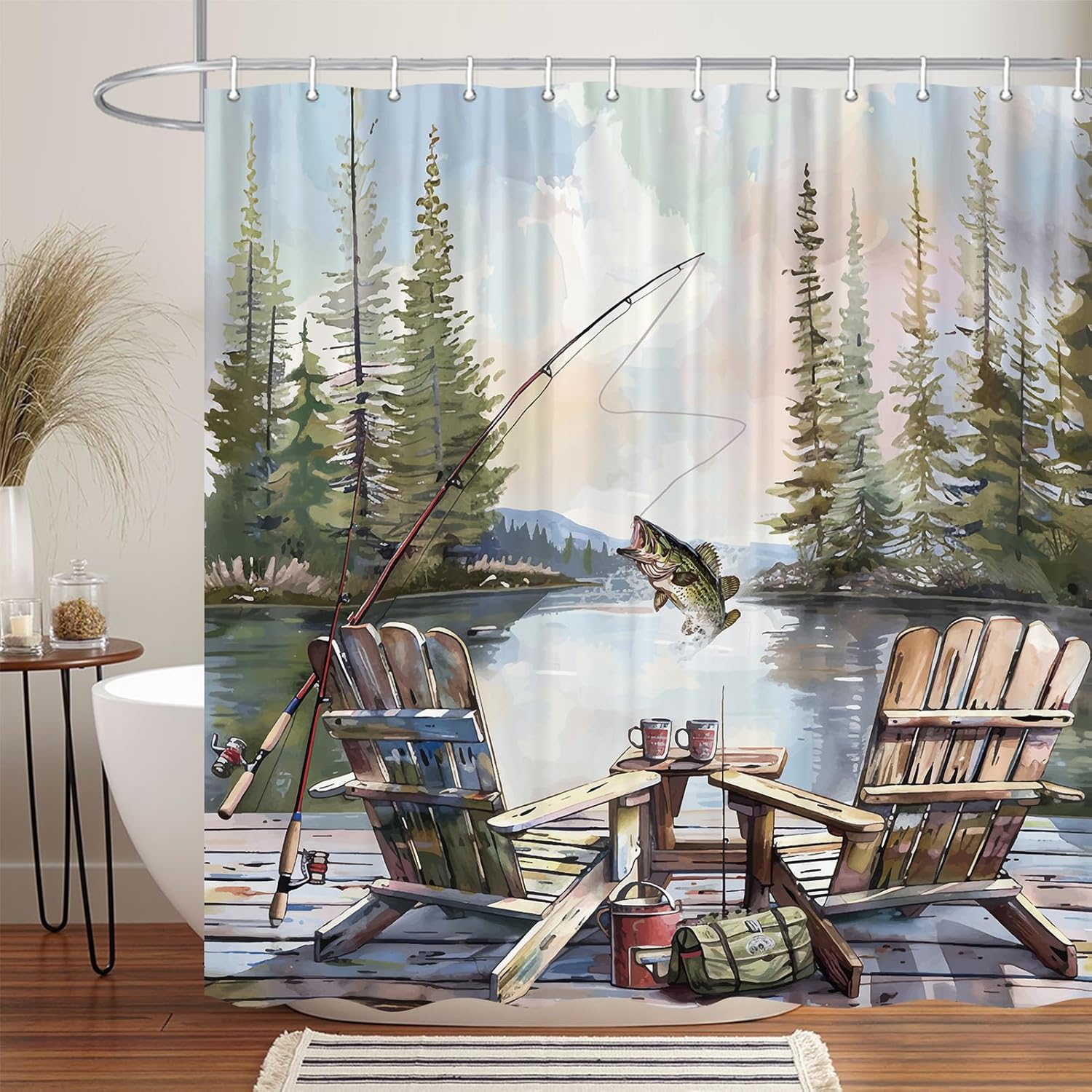 Rustic Fishing Shower Curtain, - đánh giá và giá Hunting And Camping In Forest
