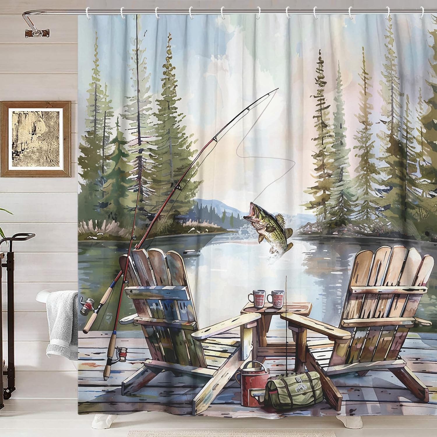 Rustic Fishing Shower Curtain, - đánh giá và giá Hunting And Camping In Forest