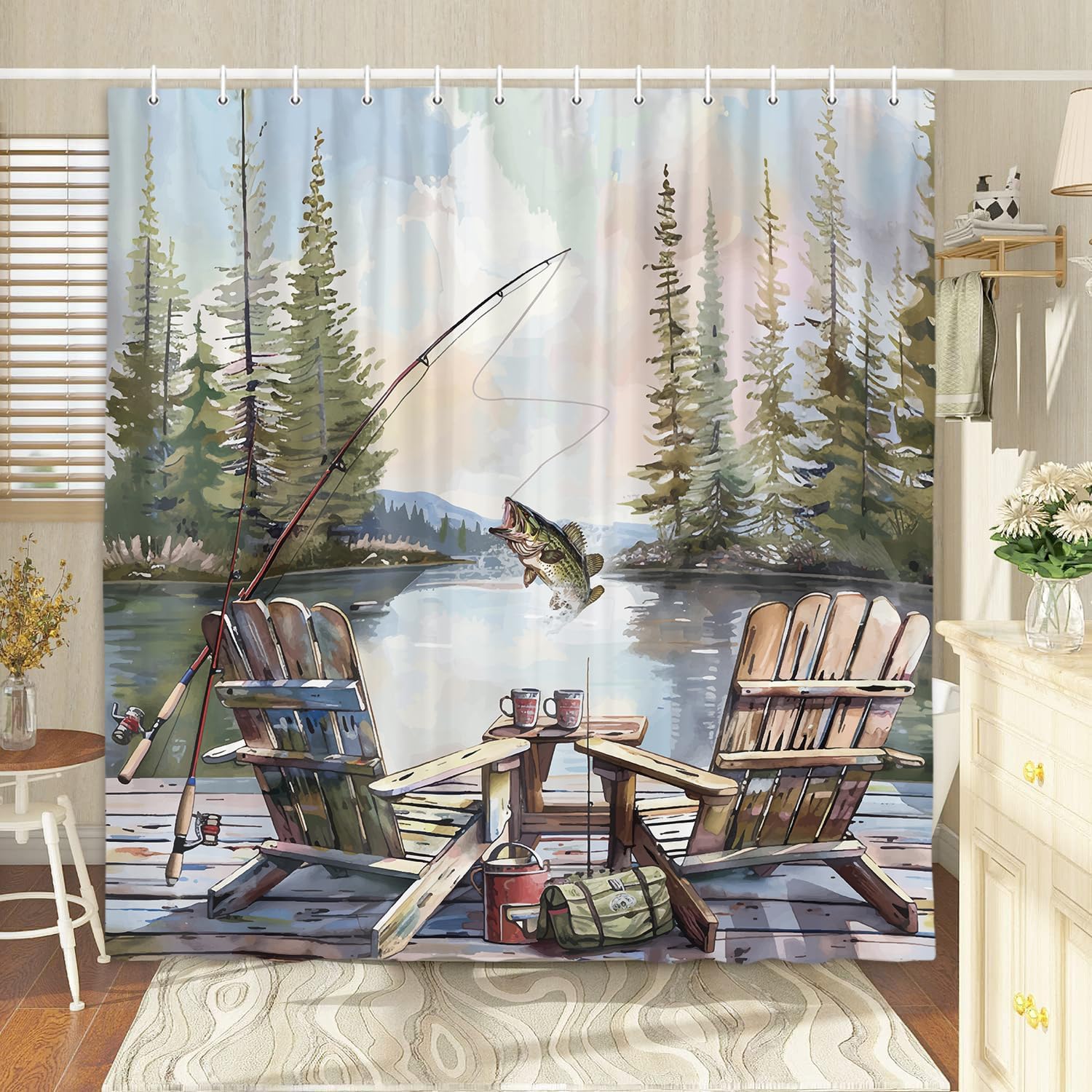 Rustic Fishing Shower Curtain, - đánh giá và giá Hunting And Camping In Forest