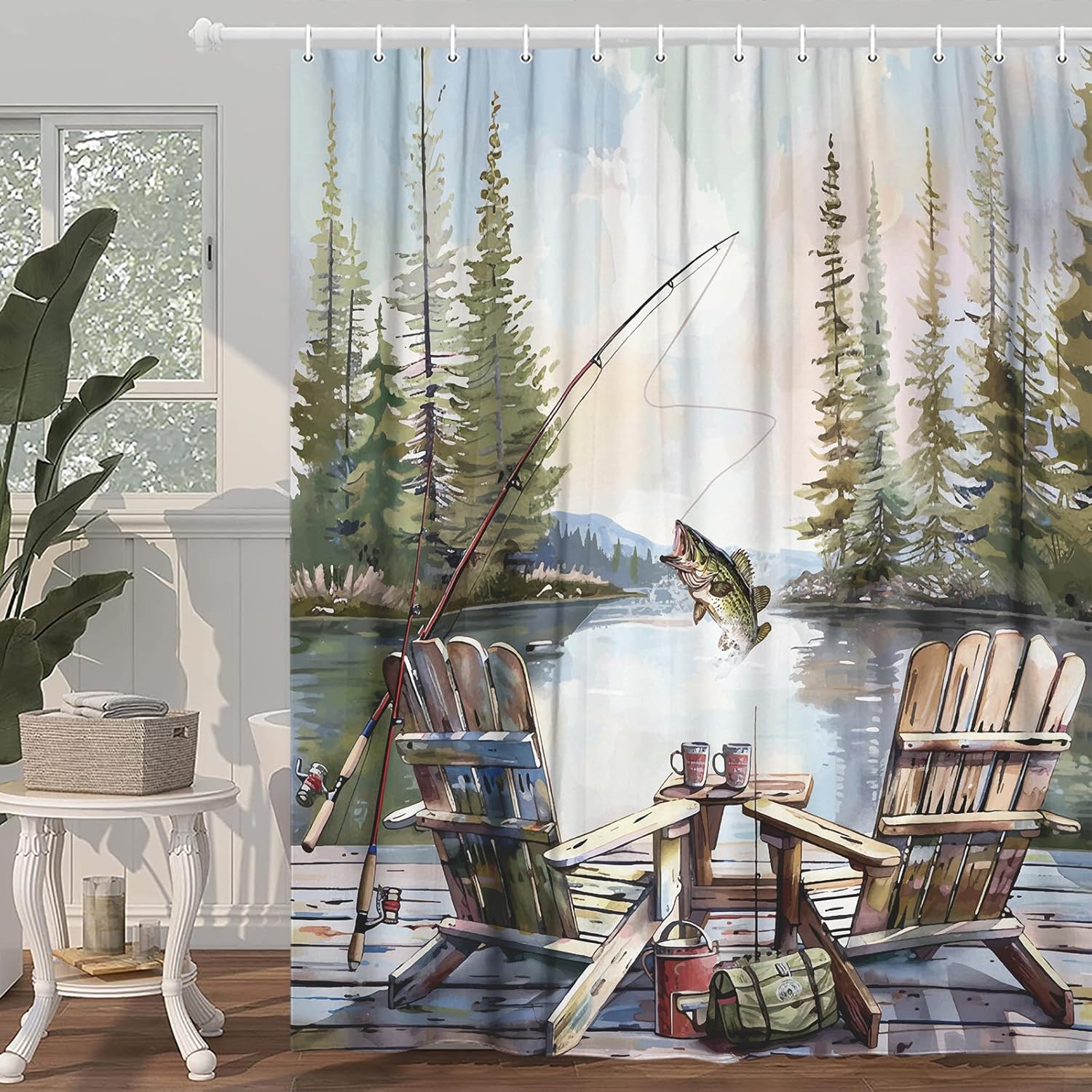 Rustic Fishing Shower Curtain, - đánh giá và giá Hunting And Camping In Forest